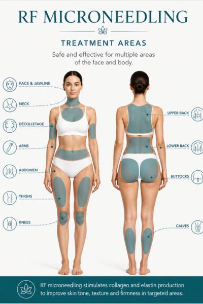 Areas of face and body can have RF microneedling skin tightening treatment Isle of Isla
